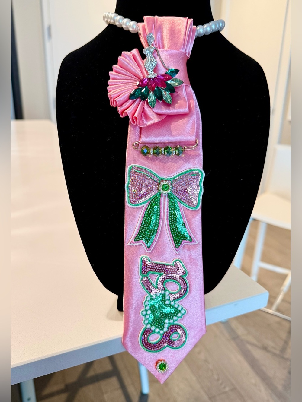 AKA Pink/Green Sorority Tie Necklaces (2) w Sequin Accents (extra patches also)